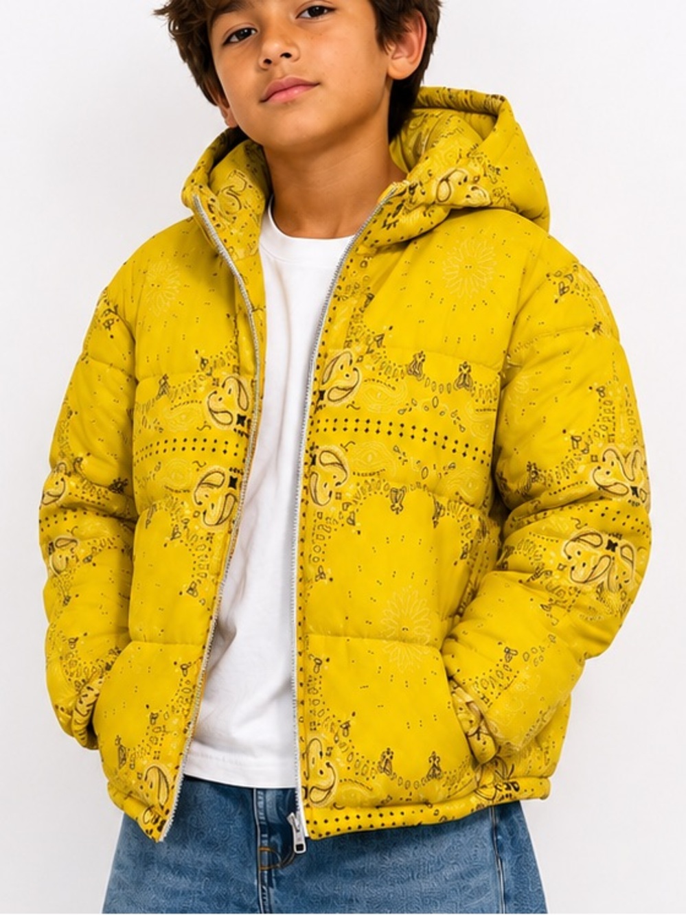 Kids 10-12 Hooded Puffer Jacket in Yellow - Lightweight Warmth